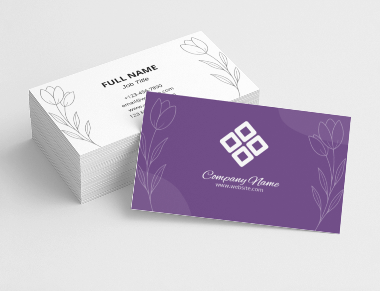 Purple business card with floral design and white text on a gray background