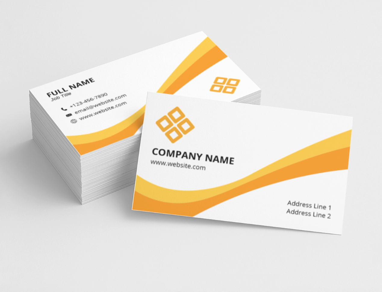 White business cards with orange accents on a light gray background
