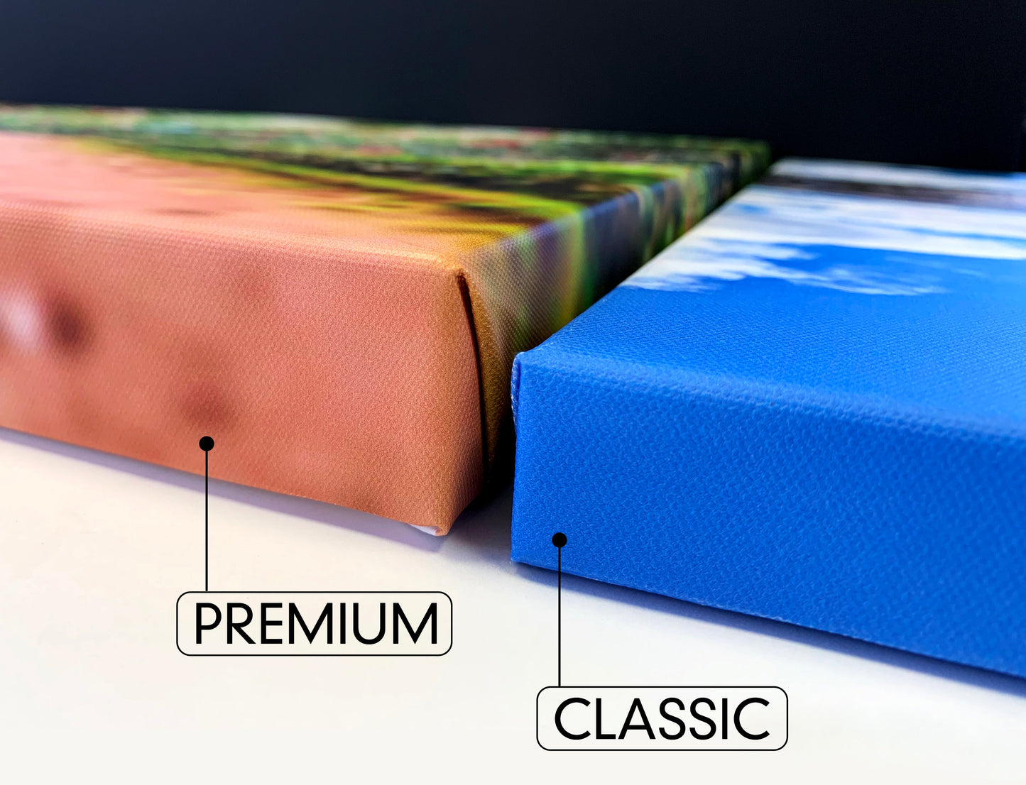 Close-up image of Canvas Prints, showing difference in thickness between Classic and Premium Canvas