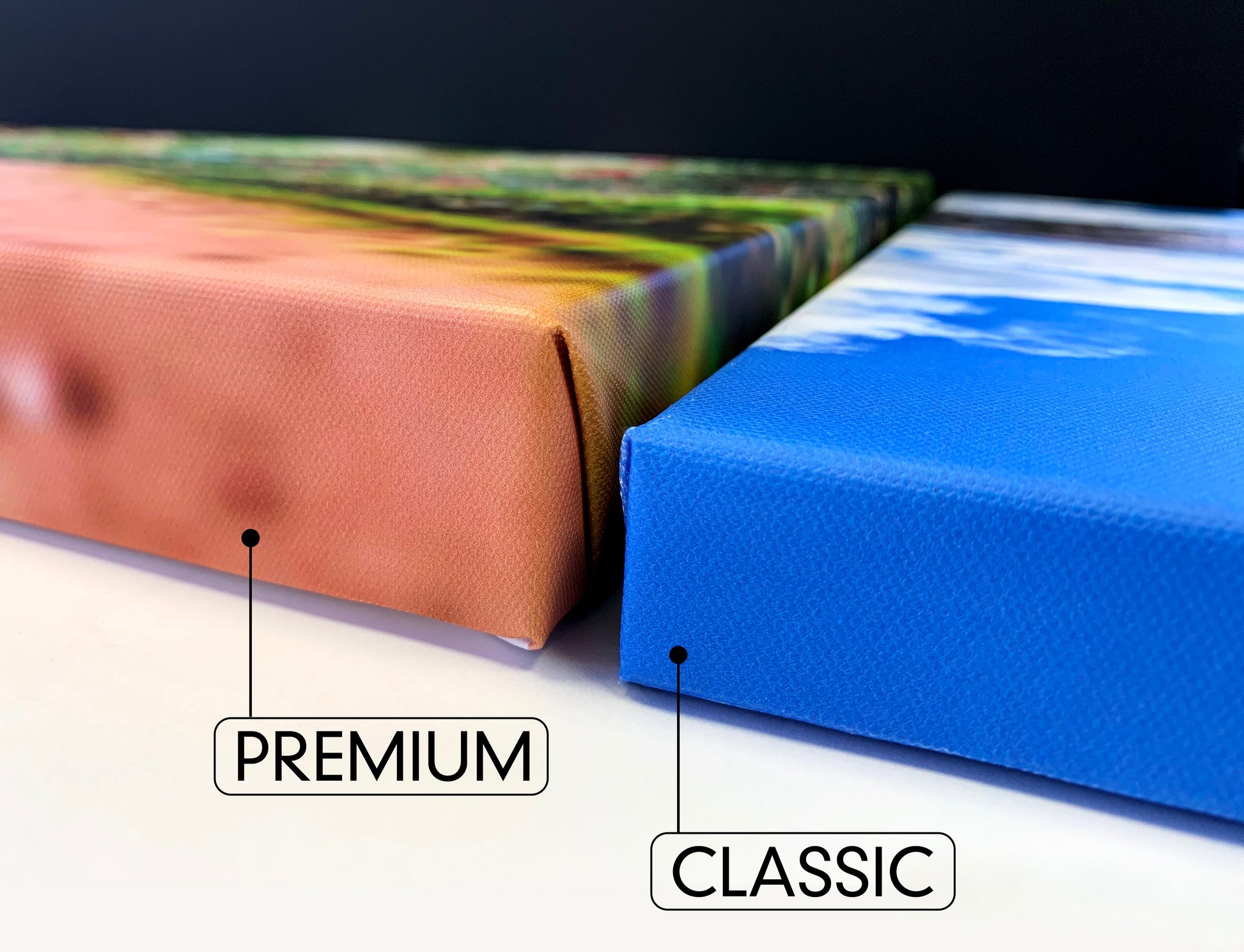 Close-up image of Canvas Prints, showing difference in thickness between Classic and Premium Canvas