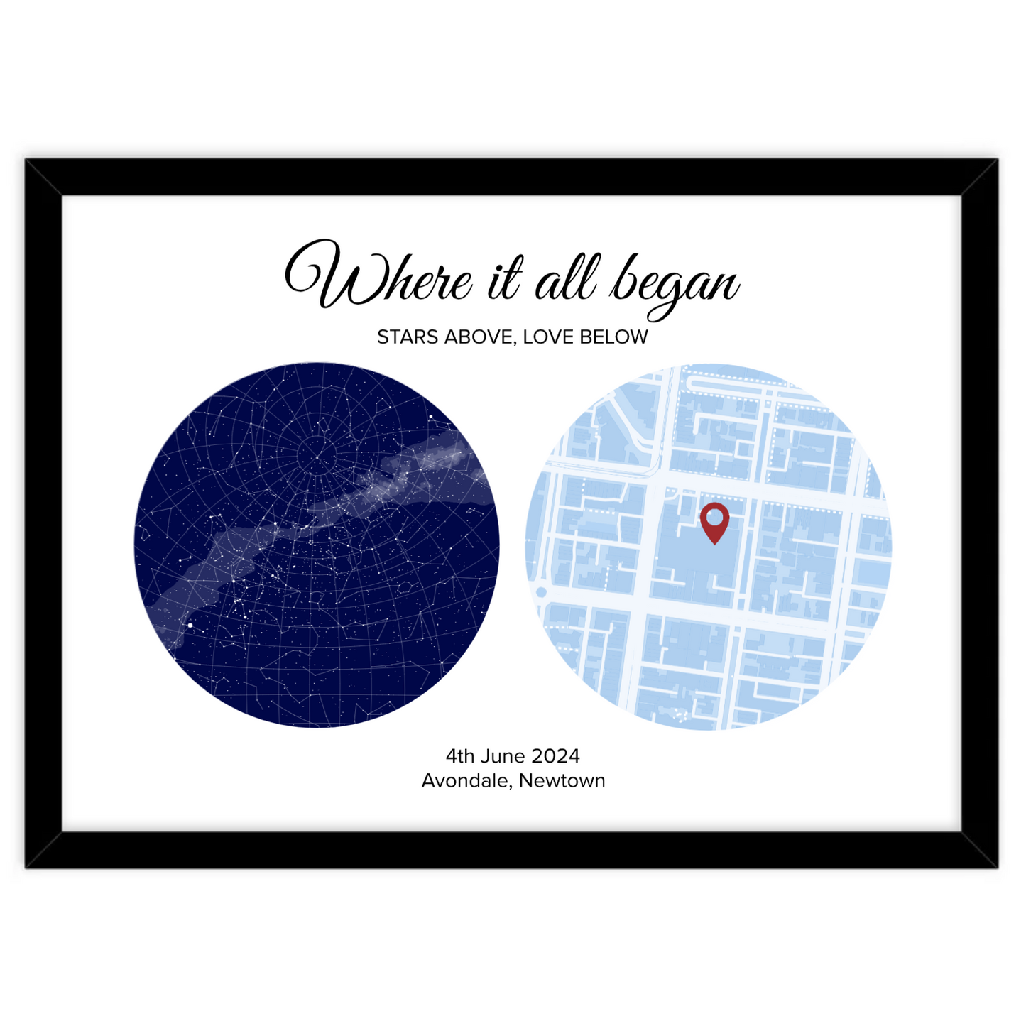 Framed print of star map and street map
