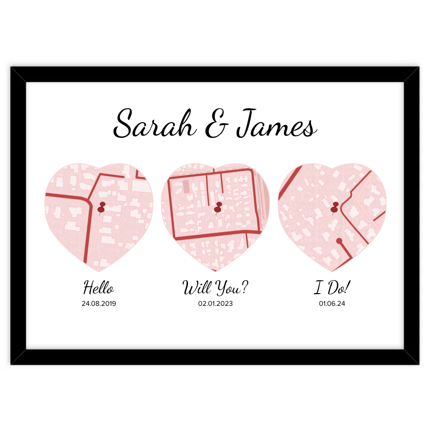 Custom Street Map with Triple-Heart-Image and Hello-Will-You-I-Do Design