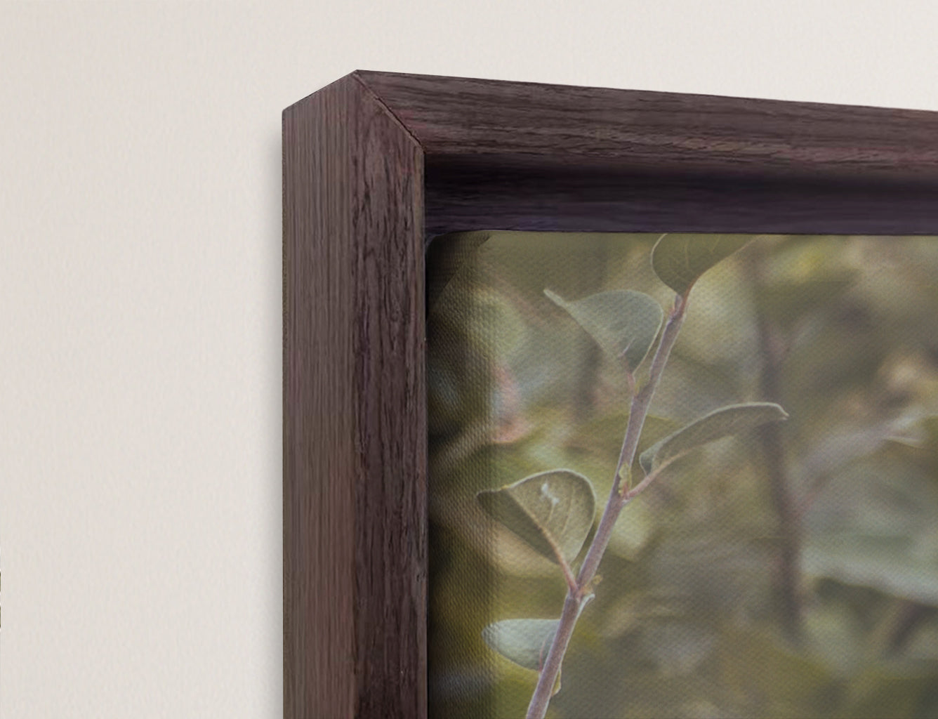 Wood framed canvas - photo canvas floating inside frame. Close-up view.