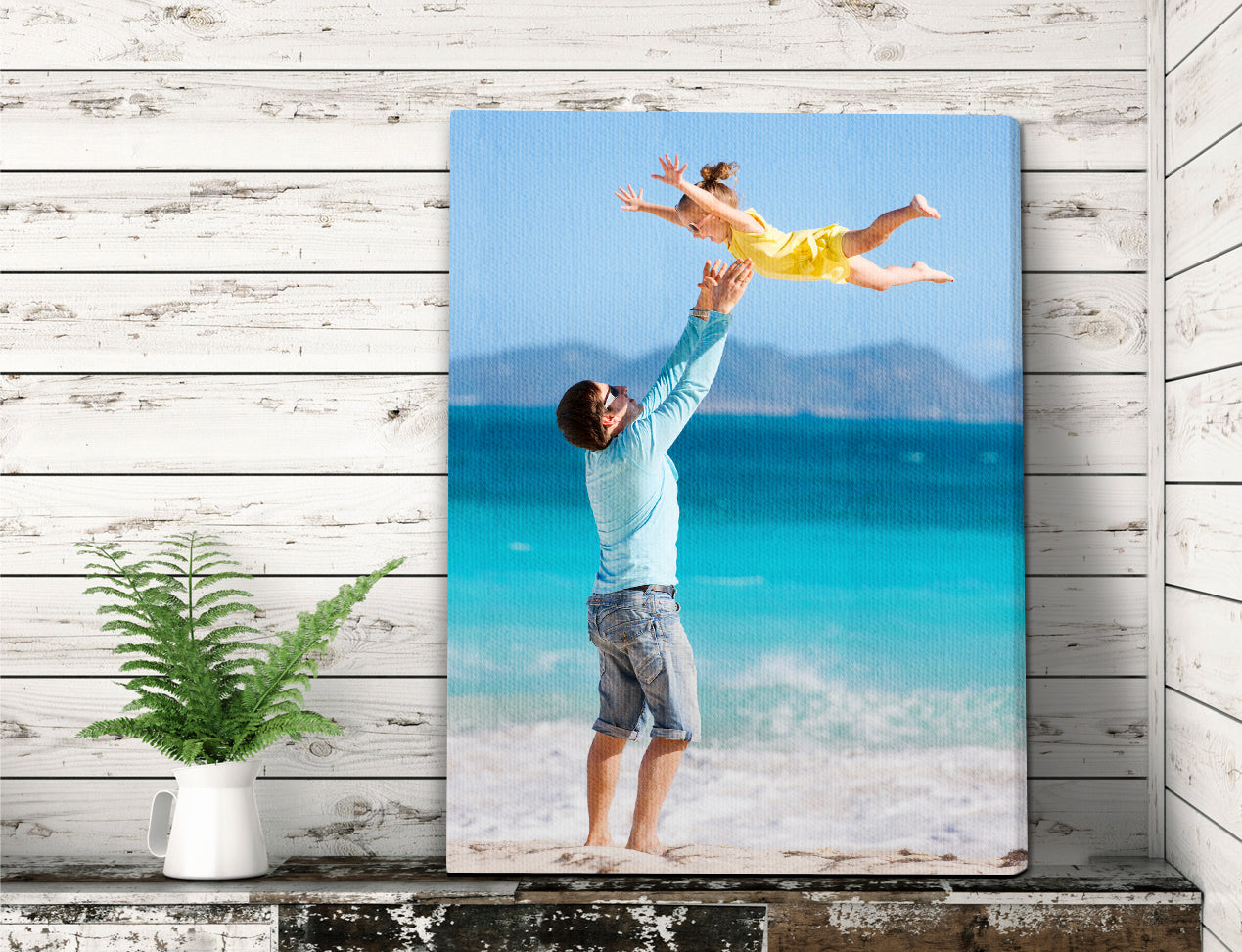 Photo Canvas Print with family photo wrapped around edges, standing on mantlepiece