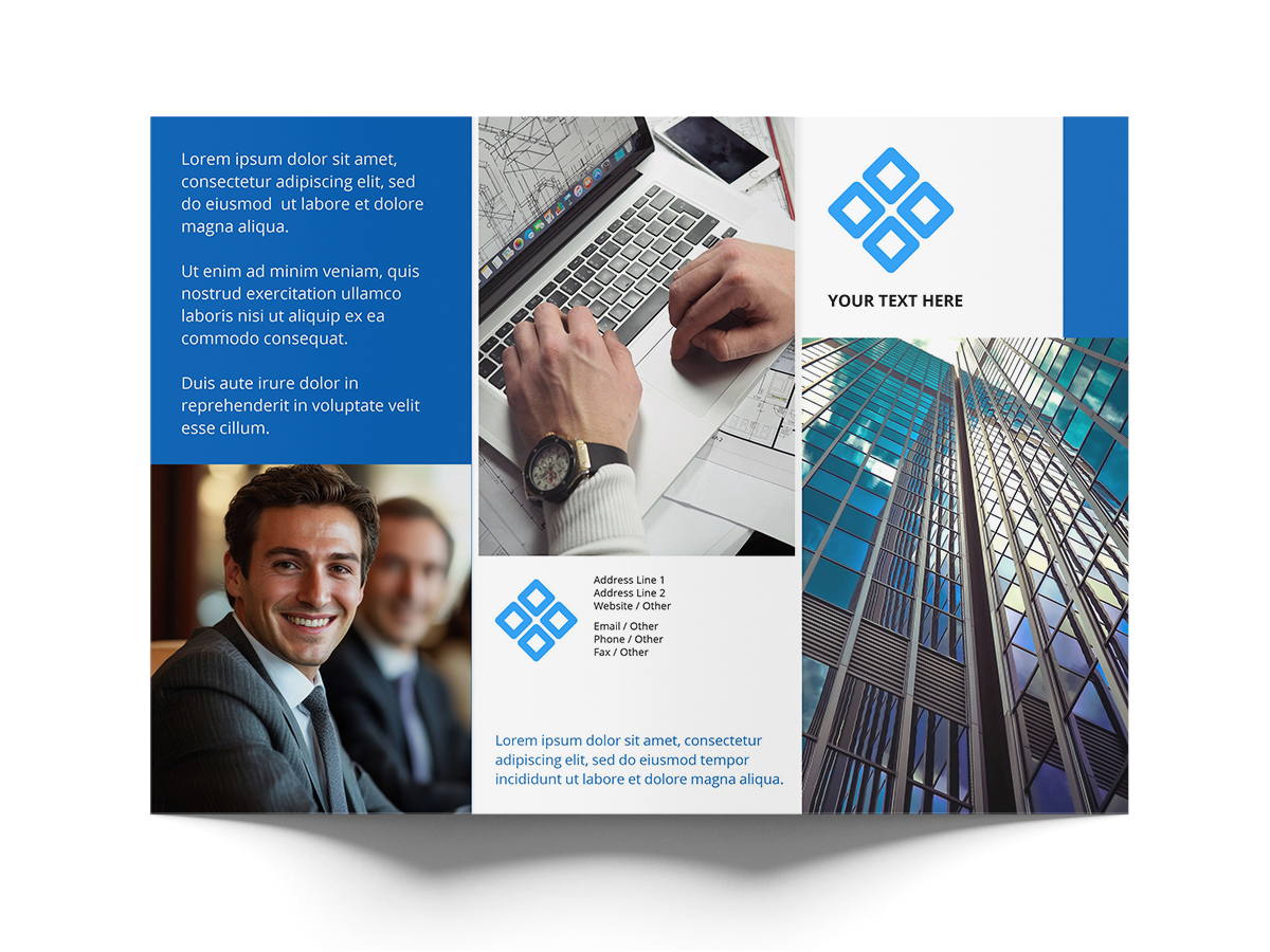 Tri-fold brochure design with a man using a laptop, a blue logo, and text placeholders.