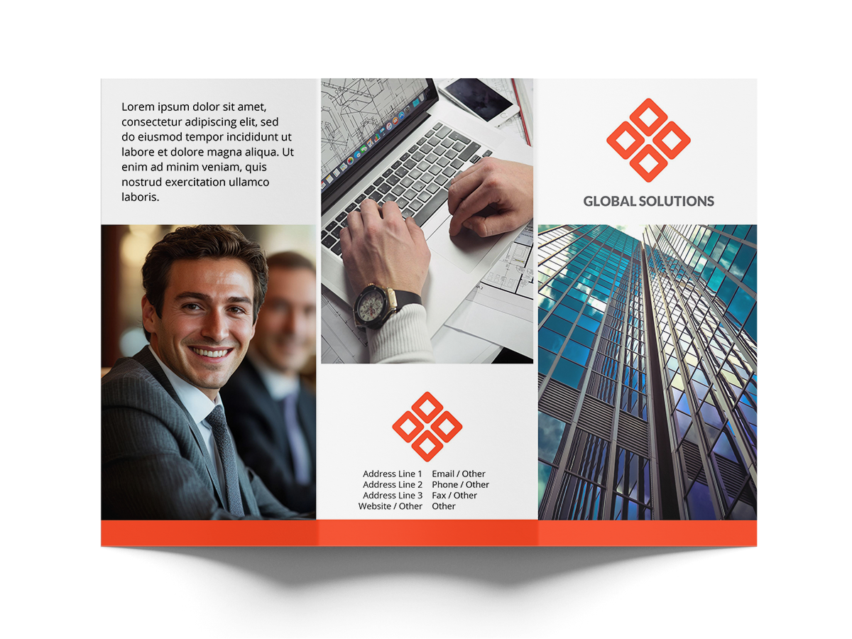 Tri-fold Brochure design with professional images, text, and a logo on a white background