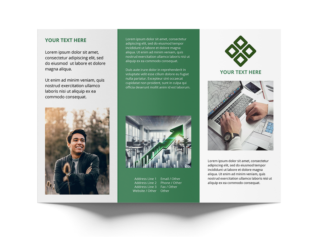 Three fold brochure  design with text placeholders and images of a person, laptop, and office.