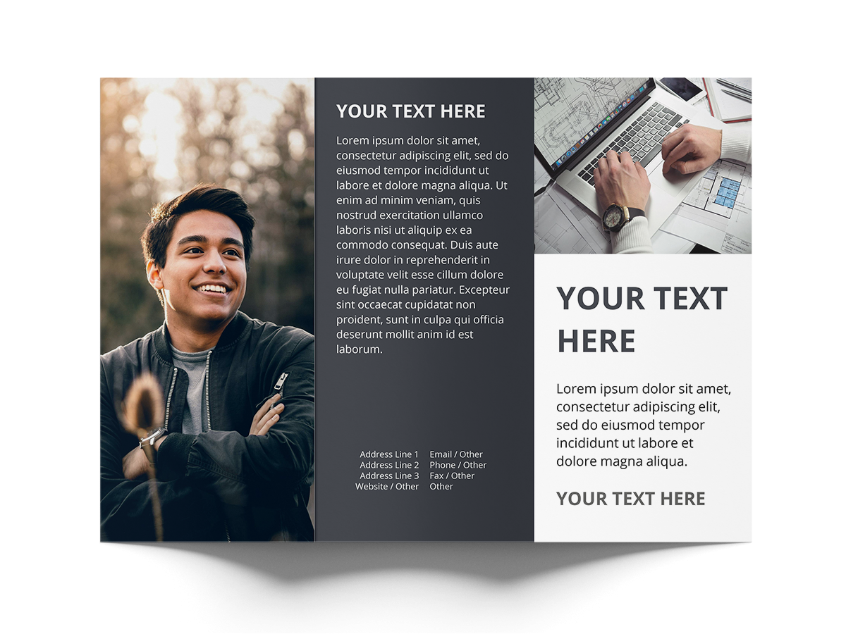 Trifold brochure printing - Design layout with a person outdoors, text placeholder, and a person working on a laptop.