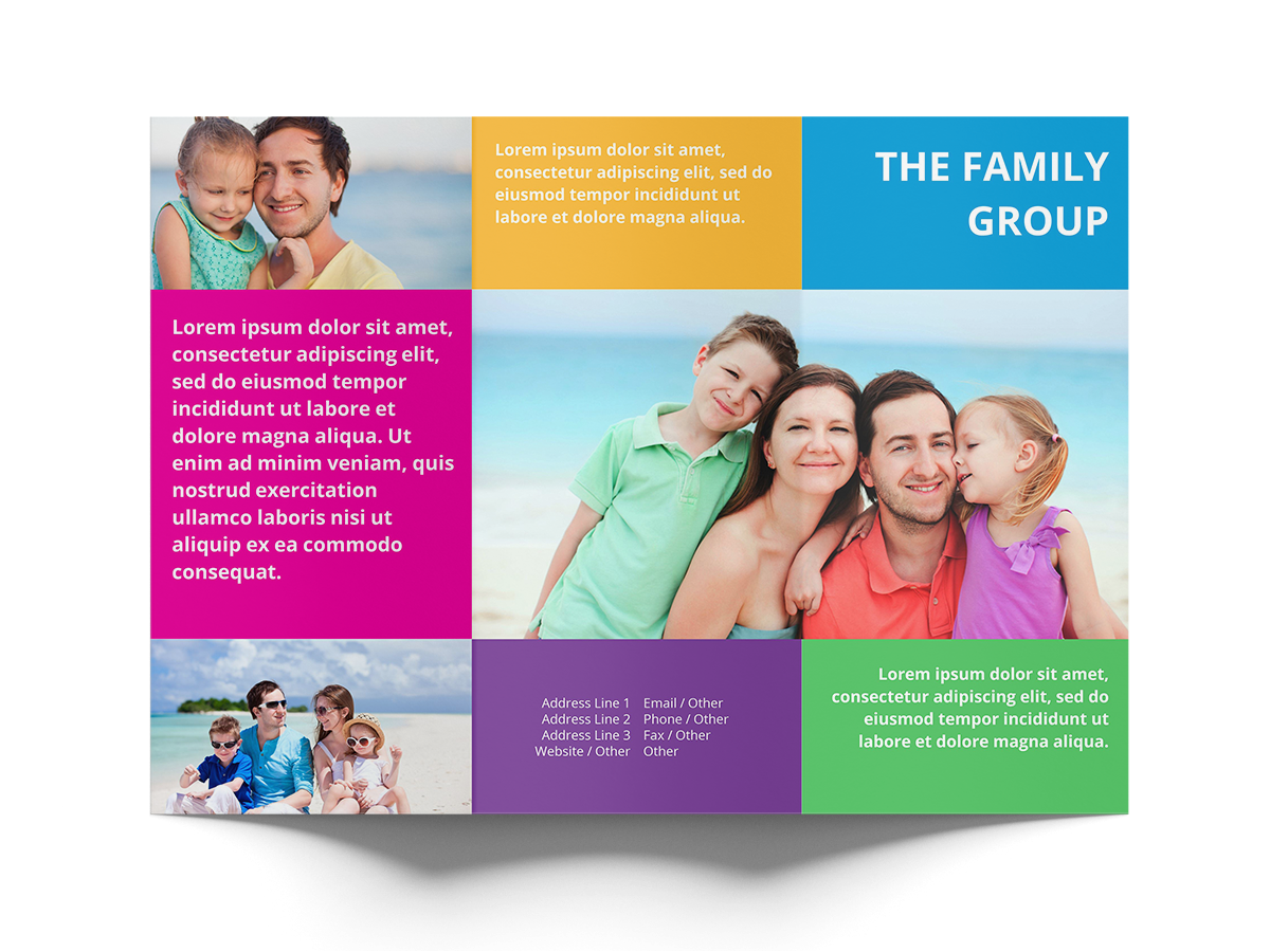 Family-themed brochure with images of families and colorful text boxes.