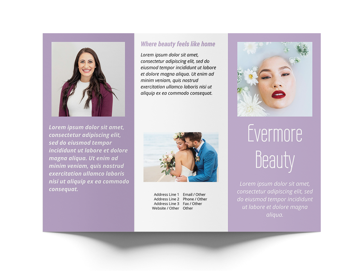 Three-fold brochure design with images of a woman, couple, and flowers on a white background