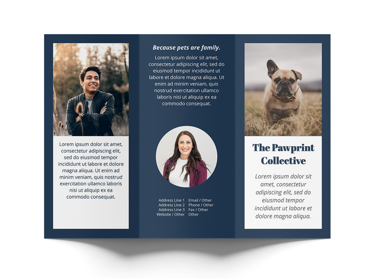 3-fold Brochure design with images of a man, woman, and dog, along with text and branding elements.