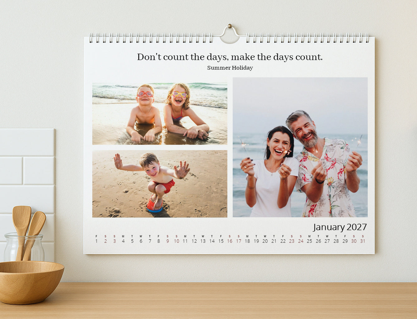 Personalised A3 landscape gallery photo wall calendar, spiral-bound, hanging on a wall. Great as a Motivational Calendar.