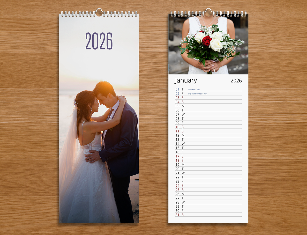 Custom 15 x 40 cm photo kitchen notepad wall calendar with large image, spiral-bound and using a hook for hanging on a wall
