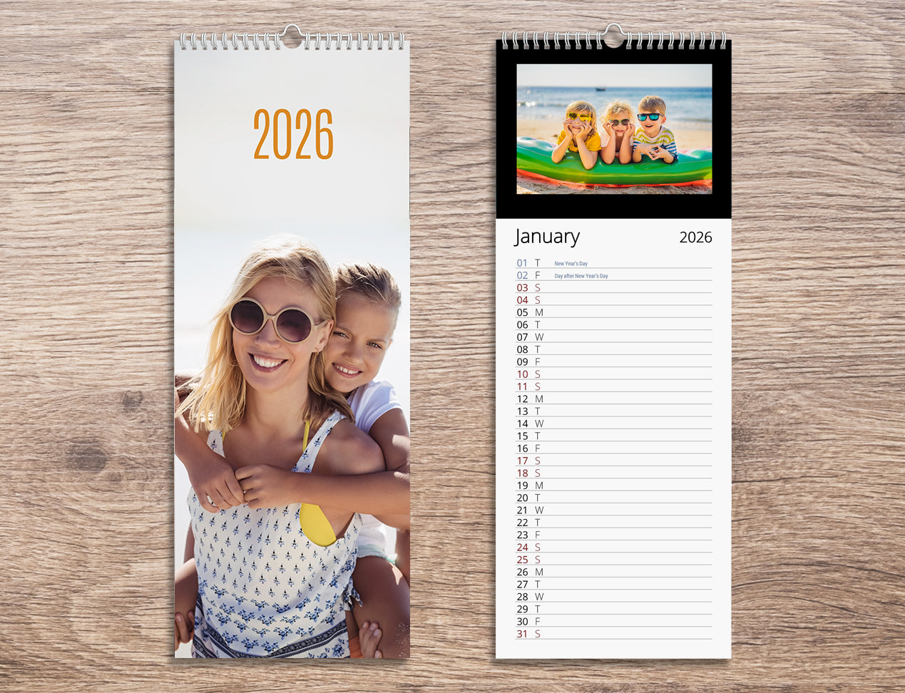 Custom 15 x 40 cm kitchen notepad wall calendar with photos, spiral-bound and hanging on a wall