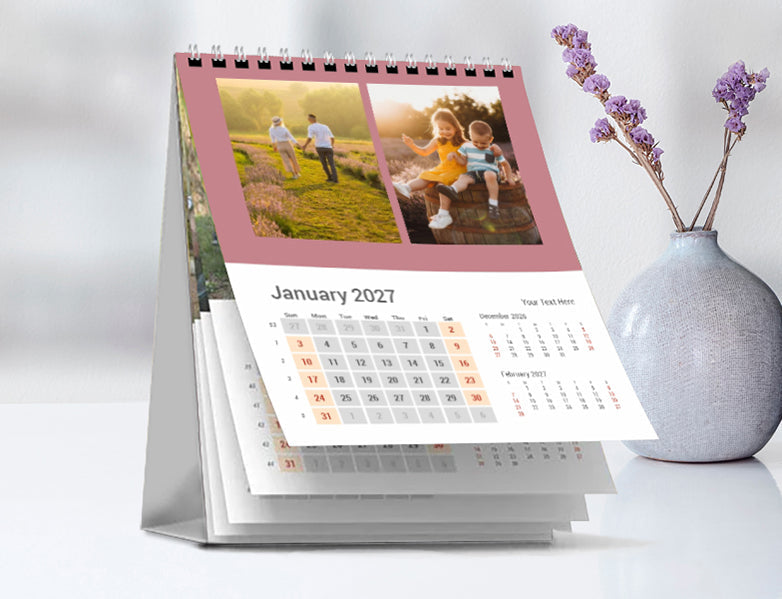 Custom 15 × 20 cm vertical desk calendar with photos, spiral-bound, standing on an office desk