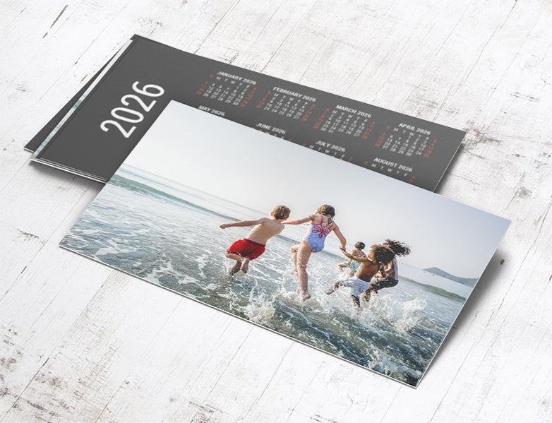 Double-sided 90 × 55 mm custom wallet calendar card showing photo front and full-year grid back
