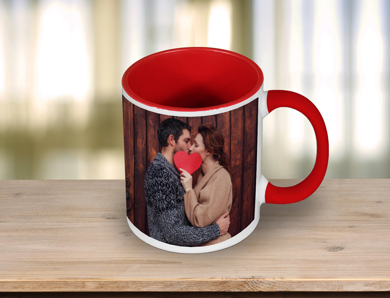 Colourful Photo Coffee Mug with Red handle and inside.