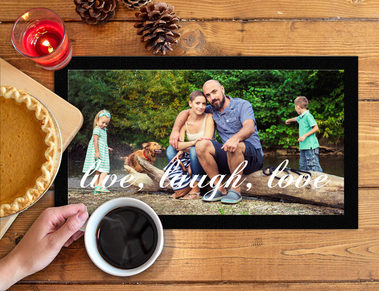 Large Bar Mat personalised with family picture and family motto