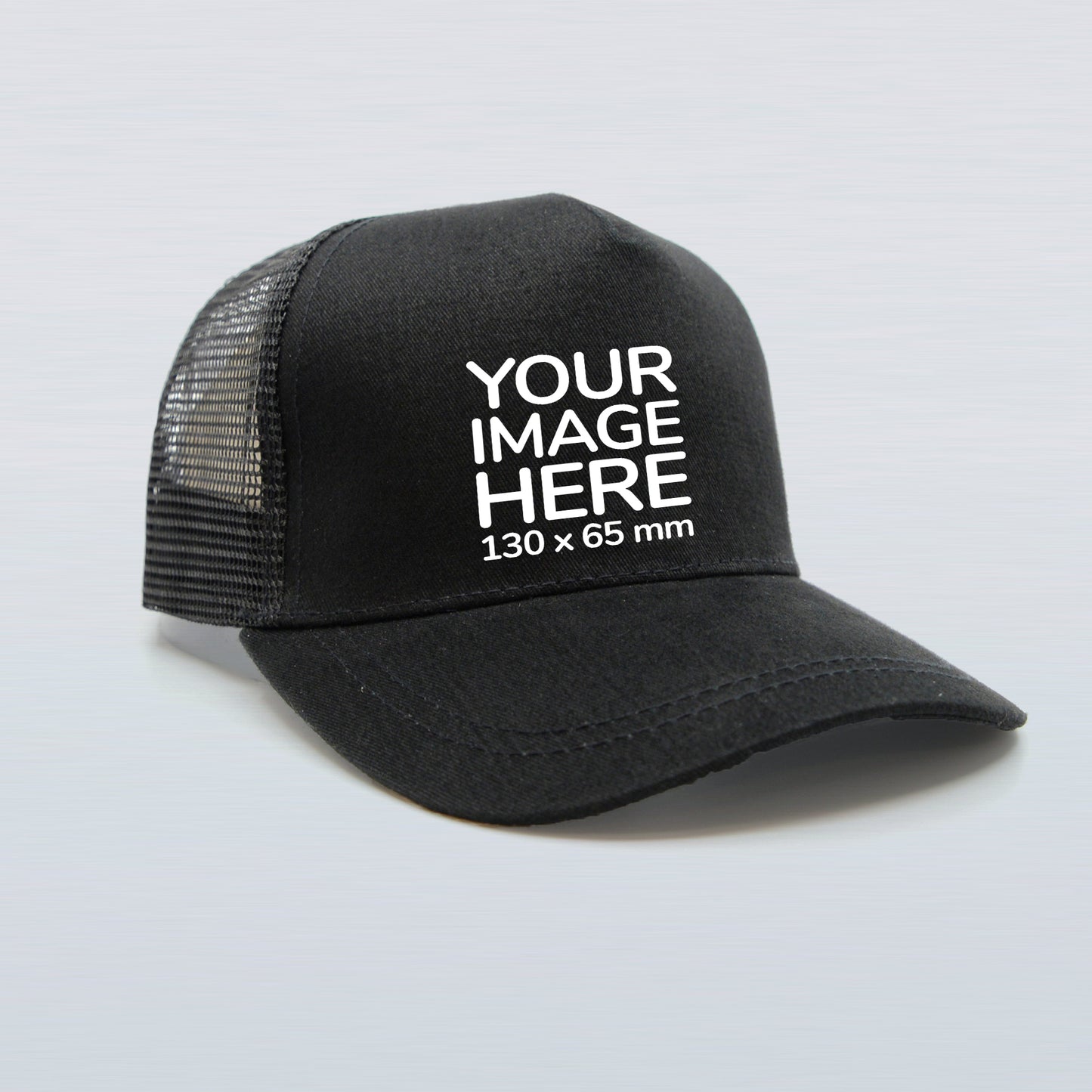 One of our Custom Trucker Caps on display - Black - Design Your Own Cap with own image