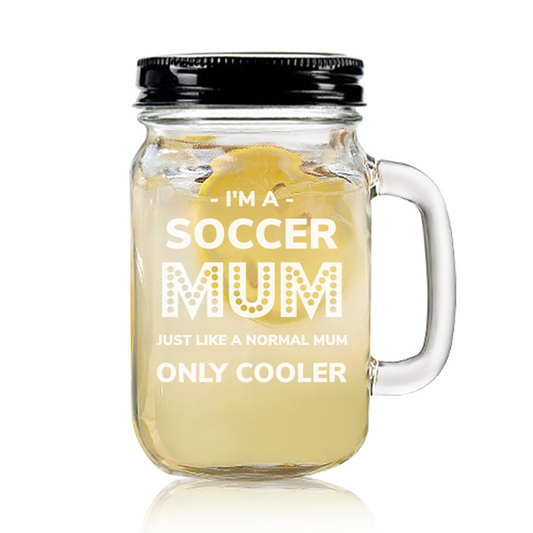 Engraved Mason Jar personalised with Design - Soccer Mum