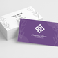 Purple business card with floral design and white text on a gray background