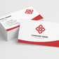 Stack of business cards with red and white design on a light gray background