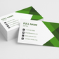 Green and white geometric business cards on a light gray background