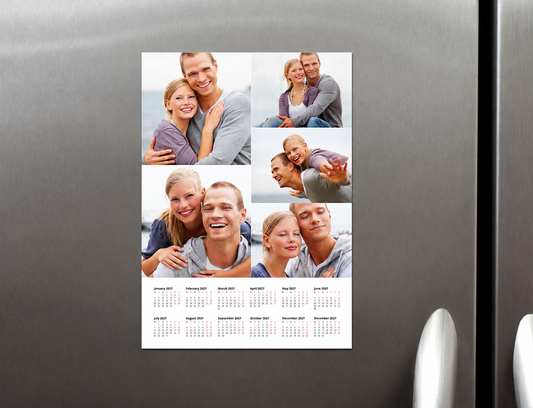 Calendar Magnets example shown on a fridgle. An A4 Magnet, showing the Calendar grid on the lower part and customisable image section on top.