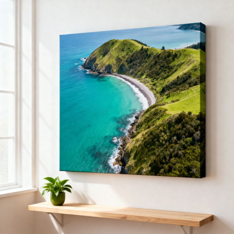 Canvas print of a coastal landscape with green hills and blue water, hanging on a wall above a wooden shelf.