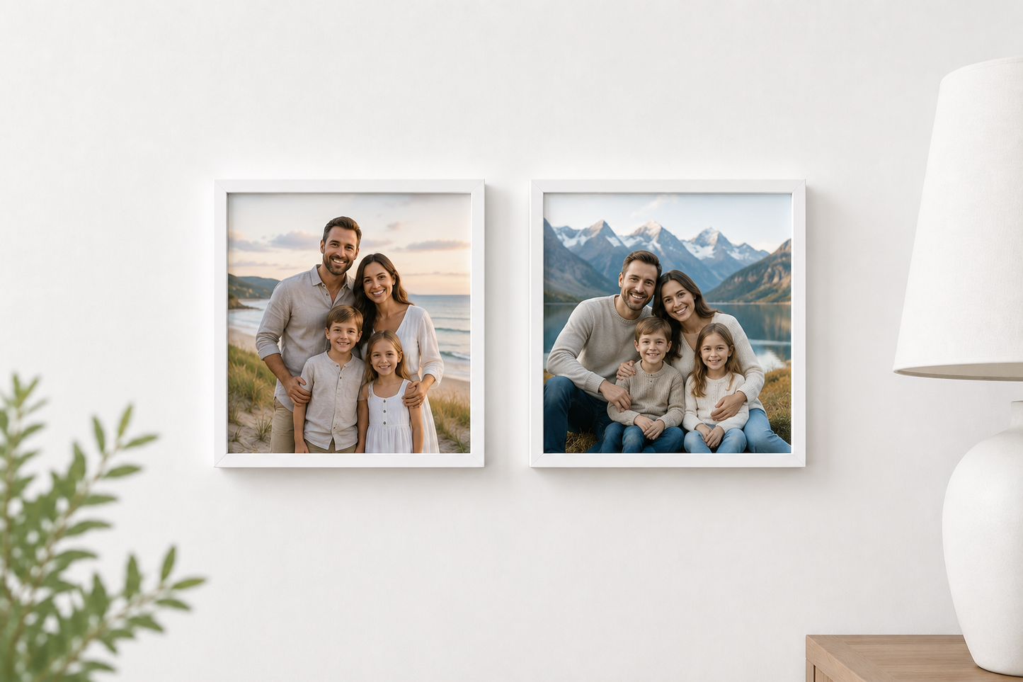 Two framed custom family photographs displayed side-by-side on a white wall, with a white lamp on the right and a green plant on the left.