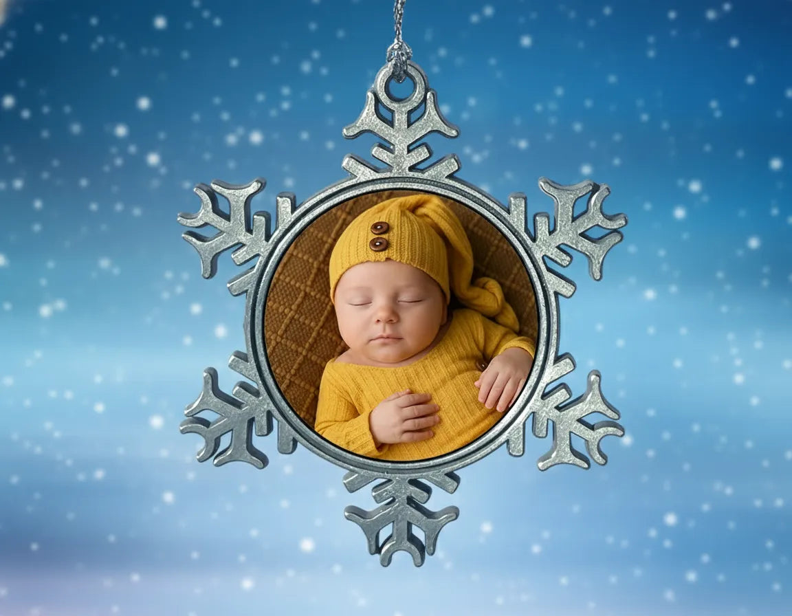 Custom star-shaped Xmas decoration personalised with a baby in a yellow outfit against a snowy background