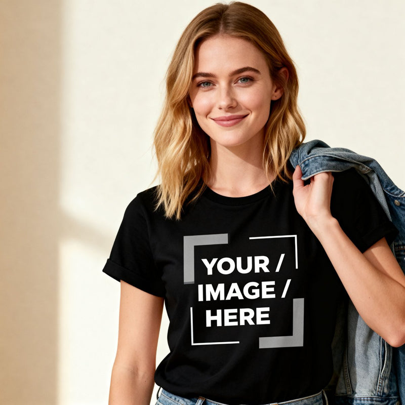 Person wearing a black t-shirt with 'Your Image Here' text