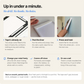 An instructional graphic with three numbered panels and five text callouts explaining how to apply a peel-and-stick Framed Photo Tile. The top header reads 'Up in under a minute.