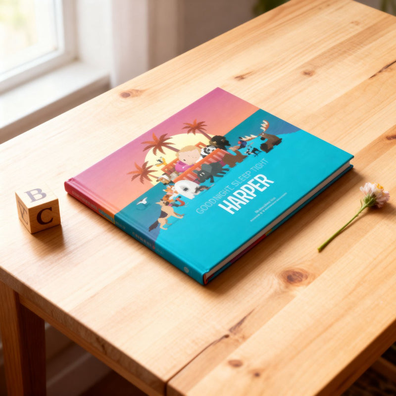 Colorful book titled 'Harper' on a wooden table with a small flower and wooden blocks.