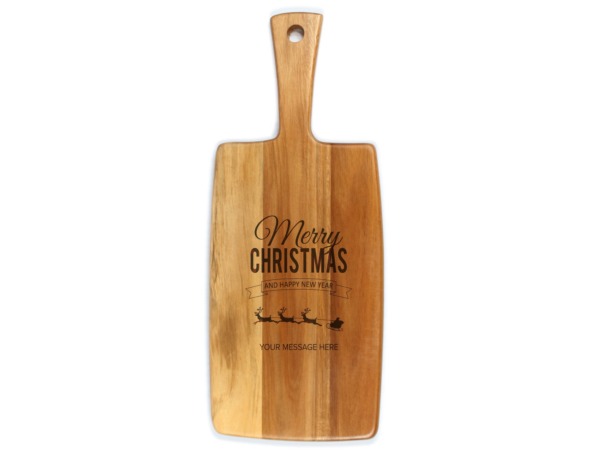 A wooden cheese board with 'Merry Christmas' text and an illustration of a reindeer on it, with a handle on top for gripping.