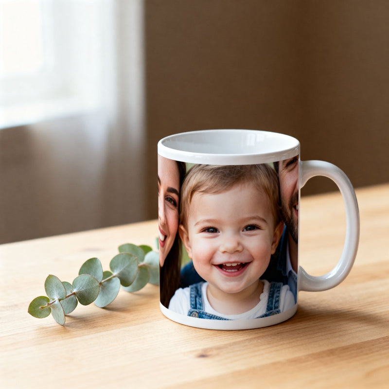 Mug with a printed photo of a child on a wooden surface