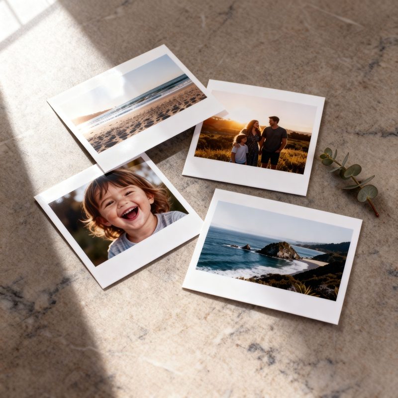 Four photos on a marble surface, featuring landscapes and a family.