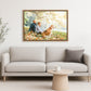 Floating frame on canvas. Living room with a gray sofa, round coffee table, and a framed picture of a couple with a dog on the wall.
