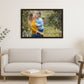 Framed photograph of a couple embracing on a wall above a sofa in a living room. A stylish Canvas floater picture frame.
