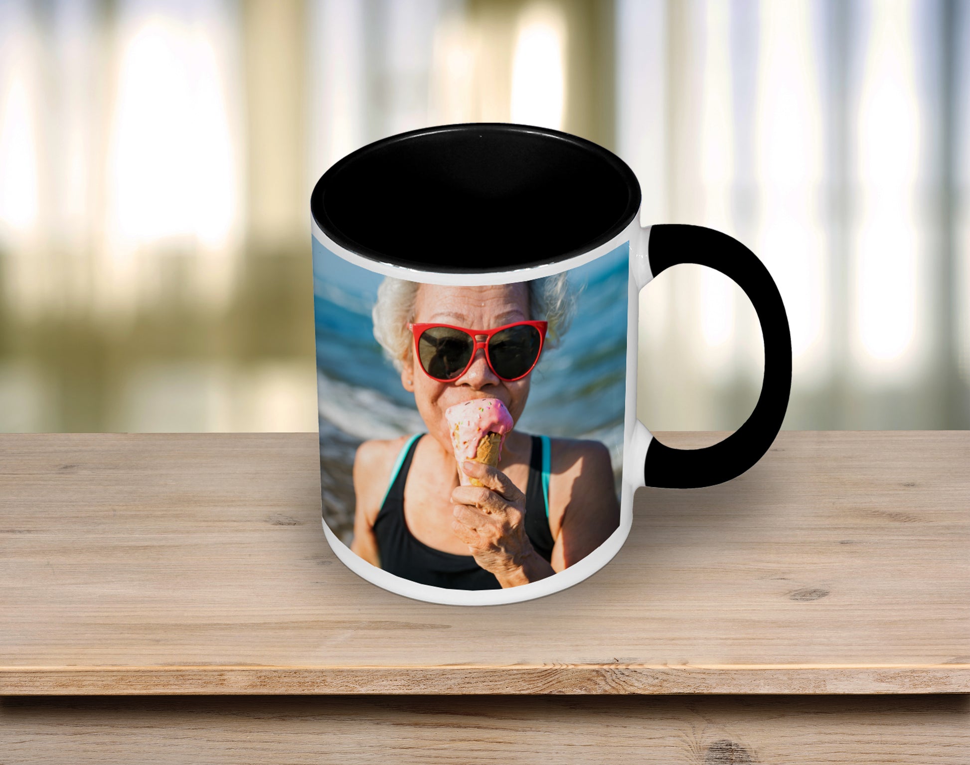 Colour Mug with Black handle and inside.
