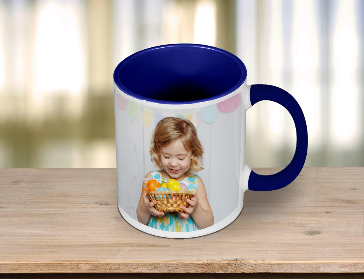 Colourful Photo Coffee Mug with Blue handle and inside.