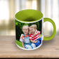 Colourful Photo Coffee Mug with Green handle and inside.