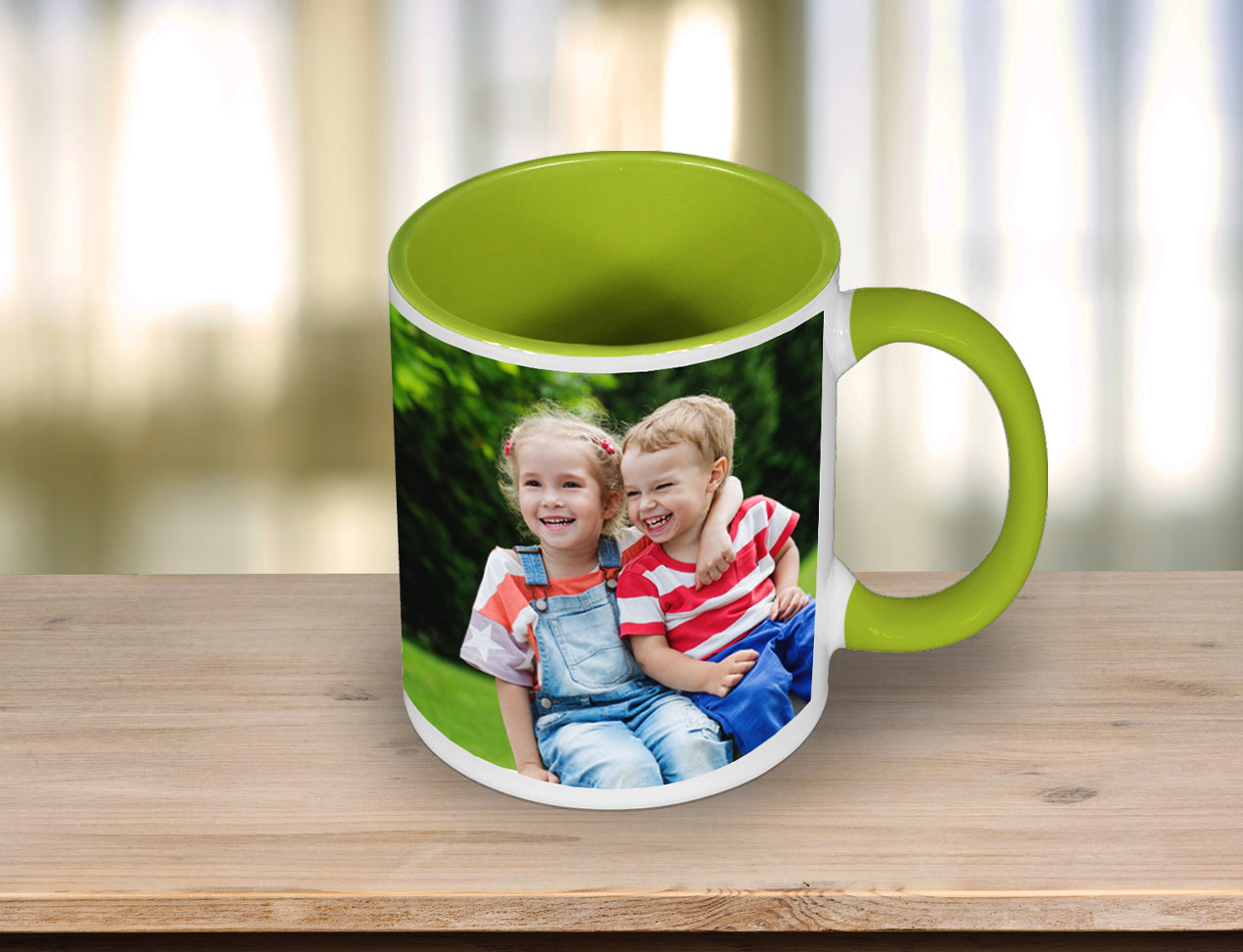 Colourful Photo Coffee Mug with Green handle and inside.
