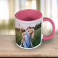 Colourful Photo Coffee Mug with Pink handle and inside.