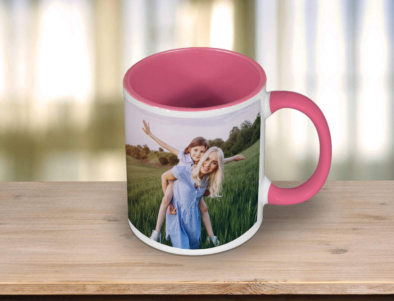 Colourful Photo Coffee Mug with Pink handle and inside.