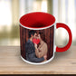 Colourful Photo Coffee Mug with Red handle and inside.