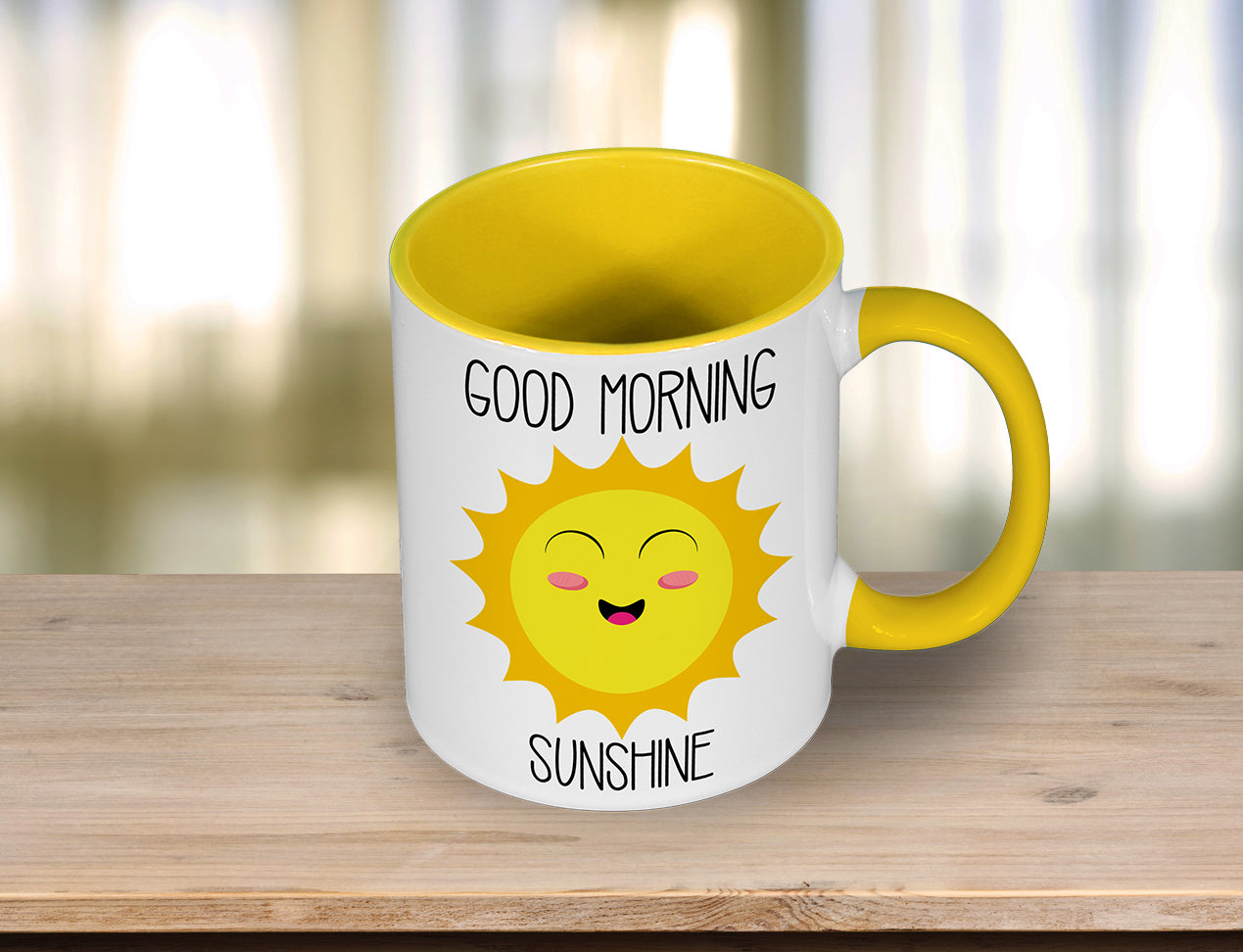 Colourful Mug with Yellow handle and inside.