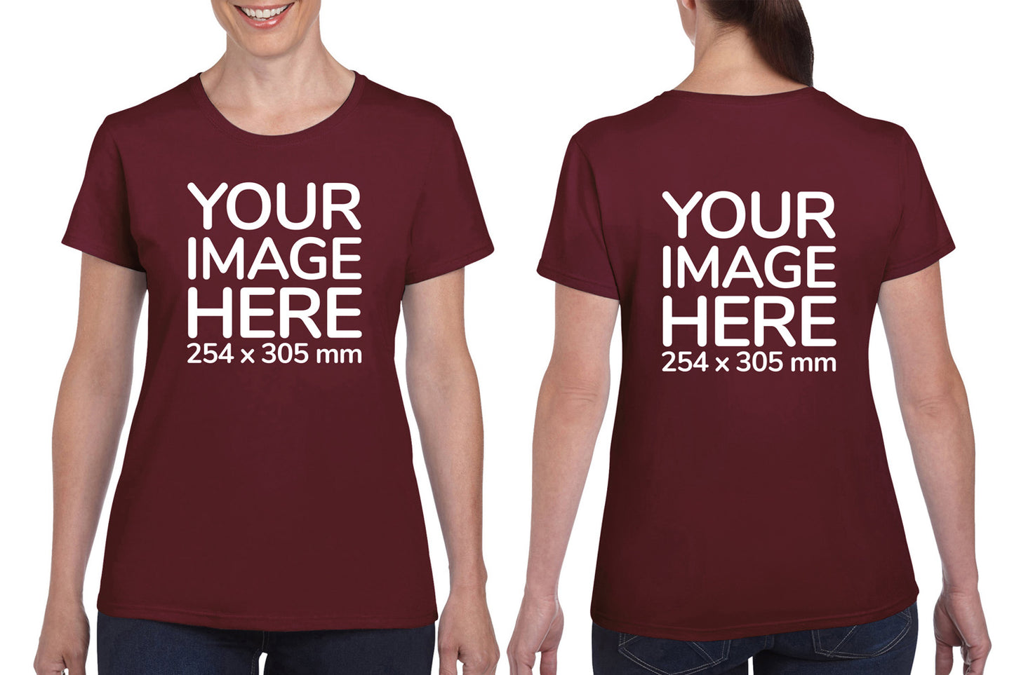 Burgundy Custom Women's T-Shirt - personalised with image printed on front and back side