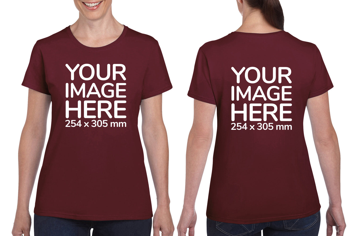 Burgundy Custom Women's T-Shirt - personalised with image printed on front and back side