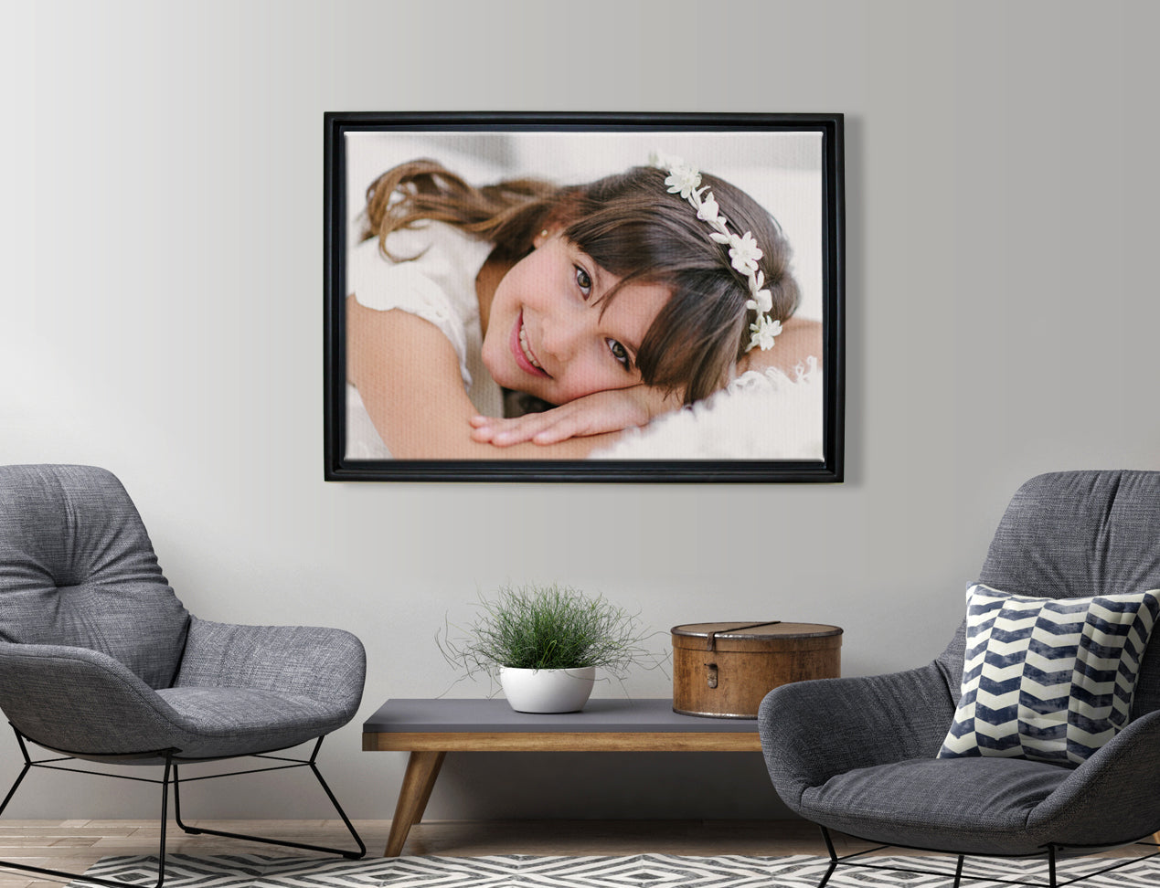 Framed Canvas Prints personalised with kids photo - hanging on wall